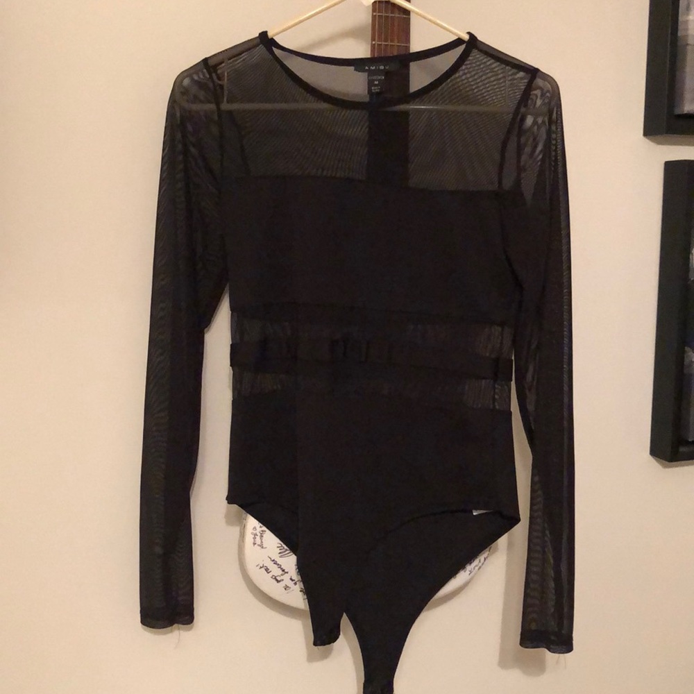 Black mesh long sleeve bodysuit